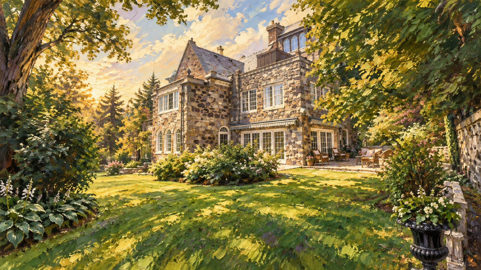 Stone Westmount home and garden, painted in oils