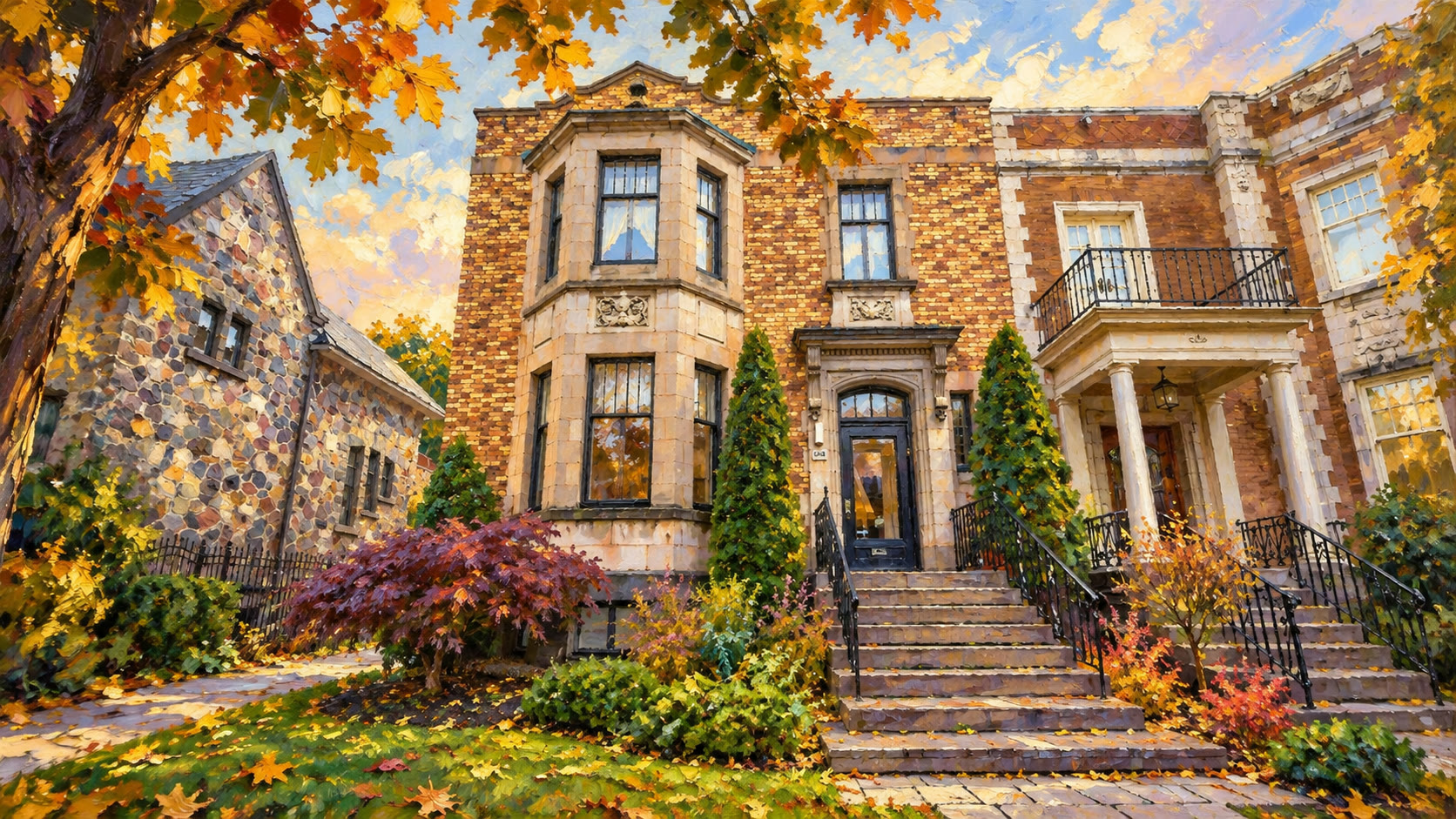 Brick Westmount home with bay windows, painted in oils