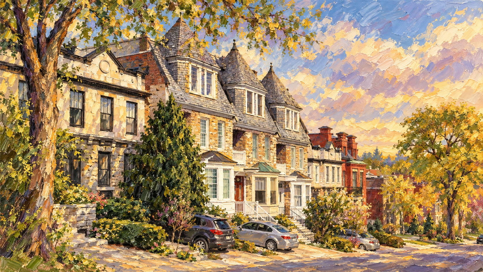 Westmount streetscape with steep roofs, painted in oils